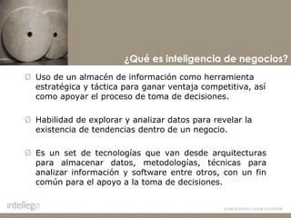 Uso de un almacén de información como herramienta estratégica y táctica para ganar ventaja competitiva, así como apoyar el proceso de toma de decisiones.  Habilidad de explorar y analizar datos para revelar la existencia de tendencias dentro de un negocio. Es un set de tecnologías que van desde arquitecturas para almacenar datos, metodologías, técnicas para analizar información y software entre otros, con un fin común para el apoyo a la toma de decisiones.  ¿Qué es inteligencia de negocios? 