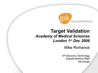 Target Validation Academy of Medical Sciences London 1 st  Dec 2006 Mike Romanos VP Discovery Technology GlaxoSmithKline R&D Stevenage 