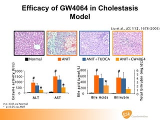 Efficacy of GW4064 in Cholestasis Model # p<0.05 cw Normal *  p<0.05 cw ANIT Bile Acids Bilirubin 0 200 400 600 800 Bile a...