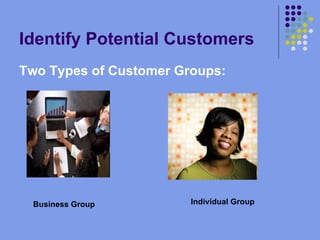 Identify Potential Customers Two Types of Customer Groups: Business Group Individual Group 