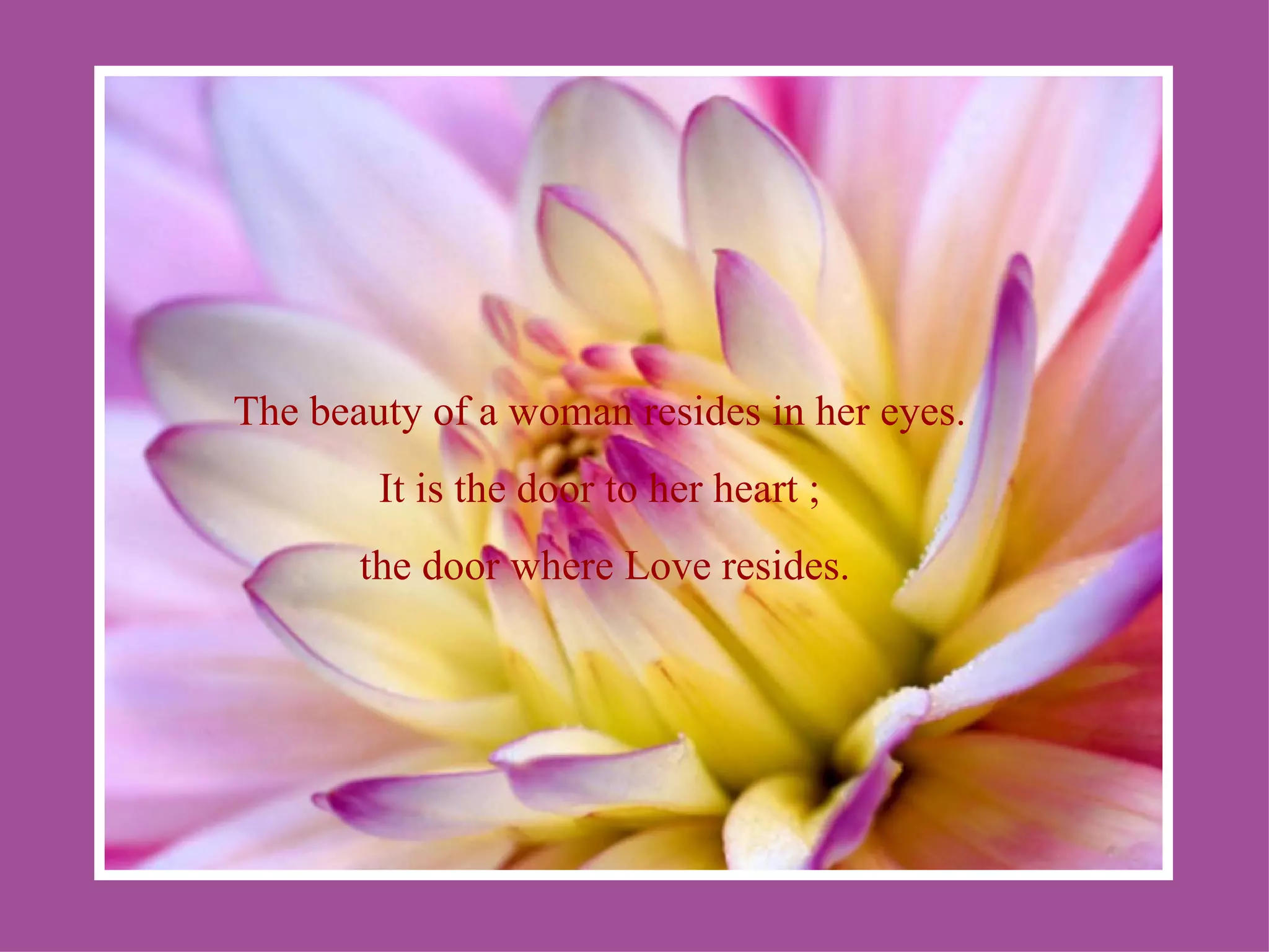 The beauty of a woman resides in her eyes. It is the door to her heart ; the door where Love resides. 