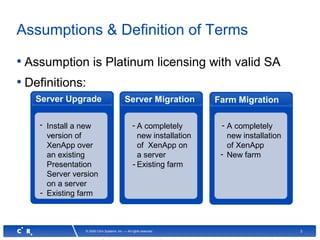 2© 2008 Citrix Systems, Inc. — All rights reserved
Assumptions & Definition of Terms
• Assumption is Platinum licensing with valid SA
• Definitions:
Server Upgrade Server Migration
A completely
new installation
of XenApp on
a server
Existing farm
Farm Migration
A completely
new installation
of XenApp
New farm
Install a new
version of
XenApp over
an existing
Presentation
Server version
on a server
Existing farm
- - -
-
-
-
-
 