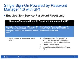 43© 2008 Citrix Systems, Inc. — All rights reserved
Single Sign-On Powered by Password
Manager 4.6 with SP1
• Enables Self-Service Password Reset only
Upgrade/Migration Steps to Password Manager 4.6 w/SP1
Upgrading from Password Manager 4.6
on Windows Server 2003 to Password
Manager 4.6 w/SP1 on Windows Server
2003
Migrating to Password Manager 4.6
w/SP1 on Windows Server 2003 or
Windows Server 2008
1. Install Password Manager 4.6 with
SP1.
1. Install Windows Server 2003 or
Windows Server 2008 (including
certificate and other prerequisites).
2. Create Central Store.
3. Install Password Manager 4.6 with
SP1.
 