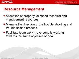 Resource Management Allocation of properly identified technical and management resources Manage the direction of the trouble shooting and trouble finding process Facilitate team work – everyone is working towards the same objective or goal 