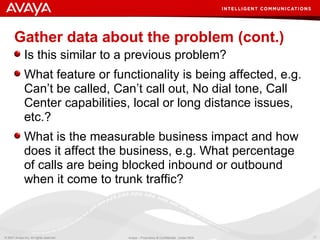 Gather data about the problem (cont.) Is this similar to a previous problem? What feature or functionality is being affected, e.g. Can’t be called, Can’t call out, No dial tone, Call Center capabilities, local or long distance issues, etc.? What is the measurable business impact and how does it affect the business, e.g. What percentage of calls are being blocked inbound or outbound when it come to trunk traffic? 
