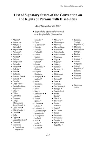 The Accessibility Imperative
List of Signatory States of the Convention on
the Rights of Persons with Disabilities
As of September 28, 2007
Signed the Optional Protocol
Ratified the Convention
• Algeria
• Andorra
• Antigua y
Barbuda
• Argentina
• Armenia
• Australia
• Austria
• Bahrain
• Bangladesh
• Barbados
• Belgium
• Bolivia
• Brazil
• Bulgaria
• Burkina Faso
• Burundi
• Canada
• Cape Verde
• Central African
Republic
• Chile
• China
• Colombia
• Comoros
• Congo
(Democratic
Republic of)
• Costa Rica
• Côte d'Ivoire
• Croatia
• Cuba
• Cyprus
• Czech Republic
• Denmark
• Dominica
• Dominican
Republic
• Ecuador
• Egypt
• El Salvador
• Estonia
• Ethiopia
• Finland
• France
• Gabon
• Germany
• Ghana
• Greece
• Guatemala
• Guinea
• Guyana
• Honduras
• Hungary
• Iceland
• India
• Indonesia
• Ireland
• Israel
• Italy
• Jamaica
• Jordan
• Kenya
• Korea
• Lebanon
• Liberia
• Lithuania
• Luxembourg
• Macedonia
• Madagascar
• Malawi
• Mali
• Malta
• Mauritius
• Mexico
• Moldova
• Montenegro
• Morocco
• Mozambique
• Namibia
• Netherlands
• New Zealand
• Nicaragua
• Niger
• Nigeria
• Norway
• Panama*
• Paraguay
• Peru
• Philippines
• Poland
• Portugal
• Qatar
• Romania
• San Marino
• Senegal
• Seychelles
• Sierra
Leone
• Slovakia
• Slovenia
• South
Africa
• Spain
• Sri Lanka
• Sudan
• Suriname
• Swaziland
• Sweden
• Syrian Arab
Republic
• Tanzania
(United
Republic of)
• Thailand
• Trinidad and
Tobago
• Tunisia
• Turkey
• Uganda
• United
Kingdom
• United
Republic of
Tanzania
• Uruguay
• Vanuatu
• Yemen
• European
Union
287
 