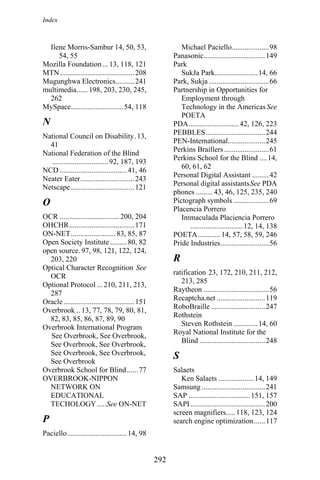 Index
Ilene Morris-Sambur 14, 50, 53,
54, 55
Michael Paciello....................98
Panasonic.................................149
Mozilla Foundation ...13, 118, 121 Park
MTN........................................208 SukJa Park.......................14, 66
Mugunghwa Electronics..........241 Park, Sukja ................................66
multimedia...... 198, 203, 230, 245,
262
Partnership in Opportunities for
Employment through
Technology in the AmericasSee
POETA
MySpace............................54, 118
N PDA...........................42, 126, 223
PEBBLES................................244
National Council on Disability.13,
41
PEN-International....................245
Perkins Braillers........................61
National Federation of the Blind
..............................92, 187, 193
Perkins School for the Blind ....14,
60, 61, 62
NCD ....................................41, 46
Personal Digital Assistant .........42
Neater Eater.............................243
Personal digital assistantsSee PDA
Netscape..................................121
phones ......... 43, 46, 125, 235, 240
O Pictograph symbols ...................69
Placencia Porrero
OCR ................................200, 204 Immaculada Placiencia Porrero
............................12, 14, 138OHCHR...................................171
ON-NET........................83, 85, 87 POETA............ 14, 57, 58, 59, 246
Open Society Institute .........80, 82 Pride Industries..........................56
open source. 97, 98, 121, 122, 124,
203, 220 R
Optical Character Recognition See
OCR
ratification 23, 172, 210, 211, 212,
213, 285
Optional Protocol ...210, 211, 213,
287
Raytheon ...................................56
Recaptcha.net ..........................119
Oracle......................................151
RoboBraille .............................247
Overbrook .. 13, 77, 78, 79, 80, 81,
82, 83, 85, 86, 87, 89, 90
Rothstein
Steven Rothstein .............14, 60
Overbrook International Program
See Overbrook, See Overbrook,
See Overbrook, See Overbrook,
See Overbrook, See Overbrook,
See Overbrook
Royal National Institute for the
Blind ...................................248
S
Overbrook School for Blind......77 Salaets
OVERBROOK-NIPPON
NETWORK ON
EDUCATIONAL
TECHOLOGY.....See ON-NET
Ken Salaets ...................14, 149
Samsung..................................241
SAP .................................151, 157
SAPI........................................200
screen magnifiers.....118, 123, 124
P search engine optimization......117
Paciello................................14, 98
292
 
