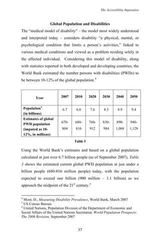 The Accessibility Imperative
Global Population and Disabilities
The “medical model of disability” – the model most widely understood
and interpreted today – considers disability “a physical, mental, or
psychological condition that limits a person’s activities,” linked to
various medical conditions and viewed as a problem residing solely in
the affected individual. Considering this model of disability, along
with statistics reported in both developed and developing countries, the
World Bank estimated the number persons with disabilities (PWDs) to
be between 10-12% of the global population.4
Year 2007 2010 2020 2030 2040 2050
Population5
(in billions)
6.7 6.8 7.6 8.3 8.9 9.4
Estimates of global
PWD population
(imputed as 10-
12%, in millions)
670-
804
680-
816
760-
912
830-
984
890-
1,068
940-
1,128
Table 3
Using the World Bank’s estimates and based on a global population
calculated at just over 6.7 billion people (as of September 2007), Table
3 shows the estimated current global PWD population at just under a
billion people (680-816 million people) today, with the population
expected to exceed one billion (900 million – 1.1 billion) as we
approach the midpoint of the 21st
century.6
4
Mont, D., Measuring Disability Prevalence, World Bank, March 2007
5
US Census Bureau
6
United Nations, Population Division of the Department of Economic and
Social Affairs of the United Nations Secretariat, World Population Prospects:
The 2006 Revision, September 2007
37
 