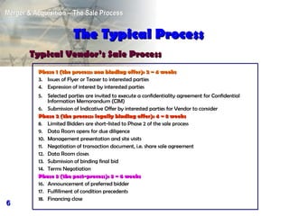 The Typical Process Typical Vendor’s Sale  Process Phase 1 (the process: non binding offer): 2 ~ 4 weeks Issues of Flyer or Teaser to interested parties Expression of interest by interested parties Selected parties are invited to execute a confidentiality agreement for Confidential Information Memorandum (CIM) Submission of Indicative Offer by interested parties for Vendor to consider Phase 2 (the process: legally binding offer): 4 ~ 8 weeks   Limited Bidders are short-listed to Phase 2 of the sale process Data Room opens for due diligence Management presentation and site visits Negotiation of transaction document, i.e. share sale agreement Data Room closes Submission of binding final bid  Terms Negotiation Phase 3 (the post-process): 3 ~ 6 weeks   Announcement of preferred bidder Fulfillment of condition precedents Financing close 
