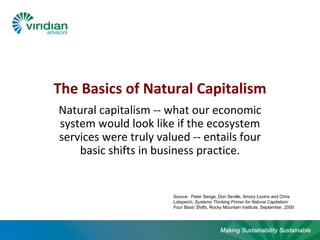 The Basics of Natural Capitalism Natural capitalism -- what our economic system would look like if the ecosystem services were truly valued -- entails four basic shifts in business practice. Source:  Peter Senge, Don Seville, Amory Lovins and Chris Lotspeich,  Systems Thinking Primer for Natural Capitalism:  Four Basic Shifts , Rocky Mountain Institute, September, 2000 