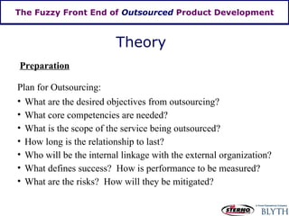 The Fuzzy Front End of  Outsourced  Product Development Theory Preparation Plan for Outsourcing: What are the desired objectives from outsourcing? What core competencies are needed? What is the scope of the service being outsourced? How long is the relationship to last? Who will be the internal linkage with the external organization? What defines success?  How is performance to be measured? What are the risks?  How will they be mitigated? 