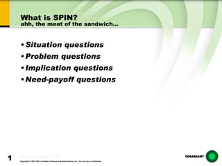 What is SPIN? ahh, the meat of the sandwich… Situation questions Problem questions Implication questions Need-payoff questions 