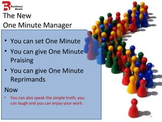 The New  One Minute Manager You can set One Minute You can give One Minute Praising You can give One Minute Reprimands Now You can also speak the simple truth, you can laugh and you can enjoy your work. 