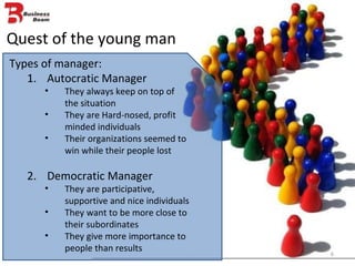 Quest of the young man Types of manager: Autocratic Manager They always keep on top of  the situation They are Hard-nosed, profit minded individuals Their organizations seemed to win while their people lost Democratic Manager They are participative, supportive and nice individuals They want to be more close to their subordinates They give more importance to people than results 
