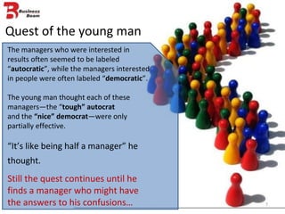 Quest of the young man The managers who were interested in  results often seemed to be labeled “ autocratic ”, while the managers interested in people were often labeled “ democratic ”. The young man thought each of these managers—the “ tough” autocrat and the  “nice” democrat —were only partially effective. “ It’s like being half a manager” he thought.   Still the quest continues until he finds a manager who might have the answers to his confusions…  