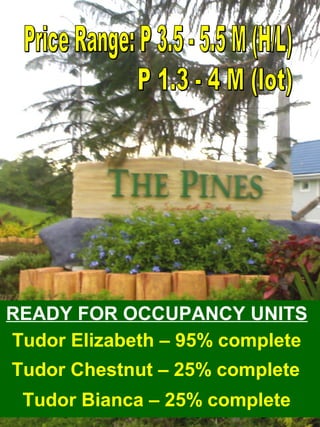 Tudor Elizabeth – 95% complete
Tudor Chestnut – 25% complete
Tudor Bianca – 25% complete
READY FOR OCCUPANCY UNITS
 