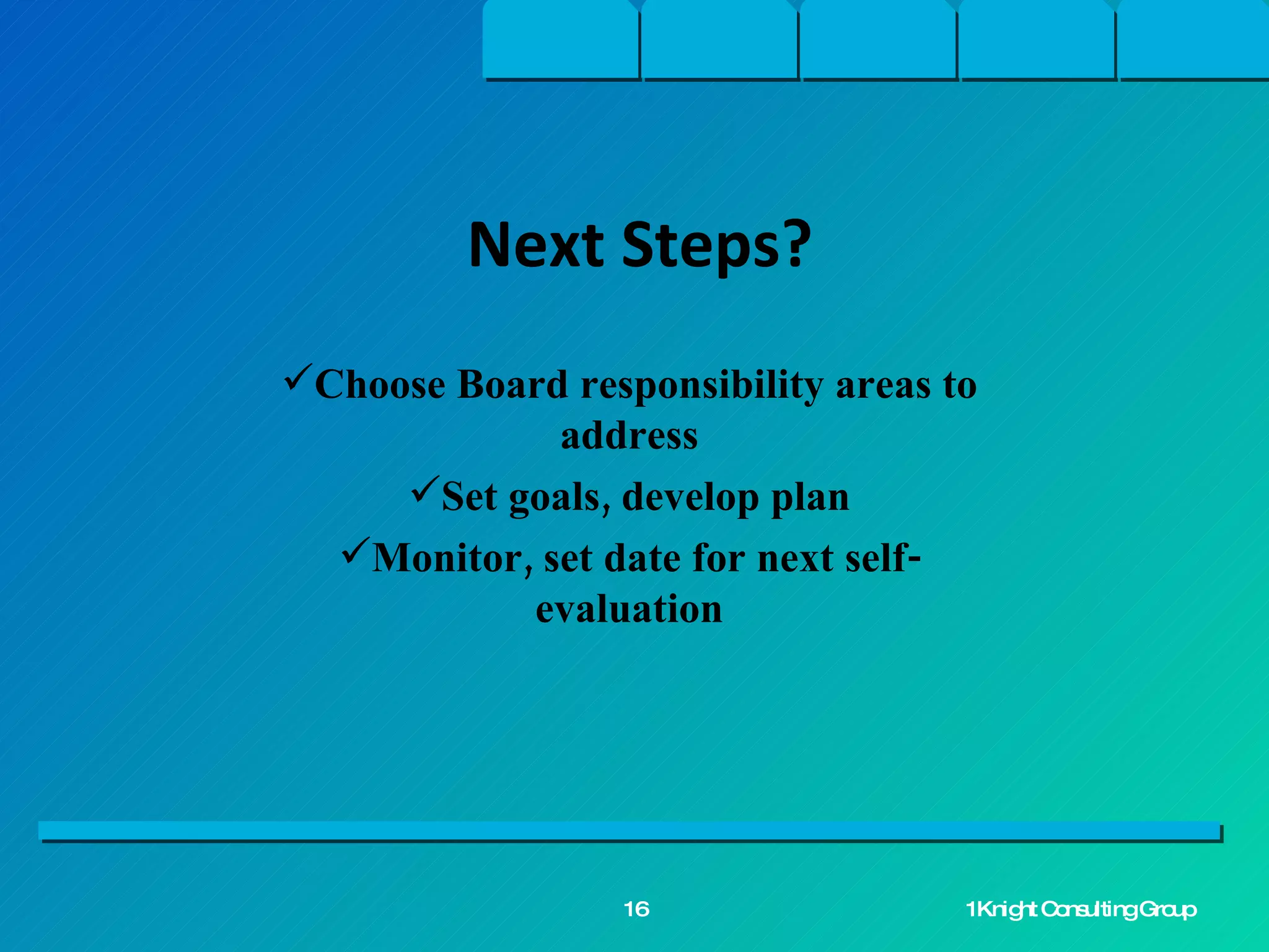 Choose Board responsibility areas to address Set goals, develop plan Monitor, set date for next self-evaluation Next Steps? 1Knight Consulting Group 