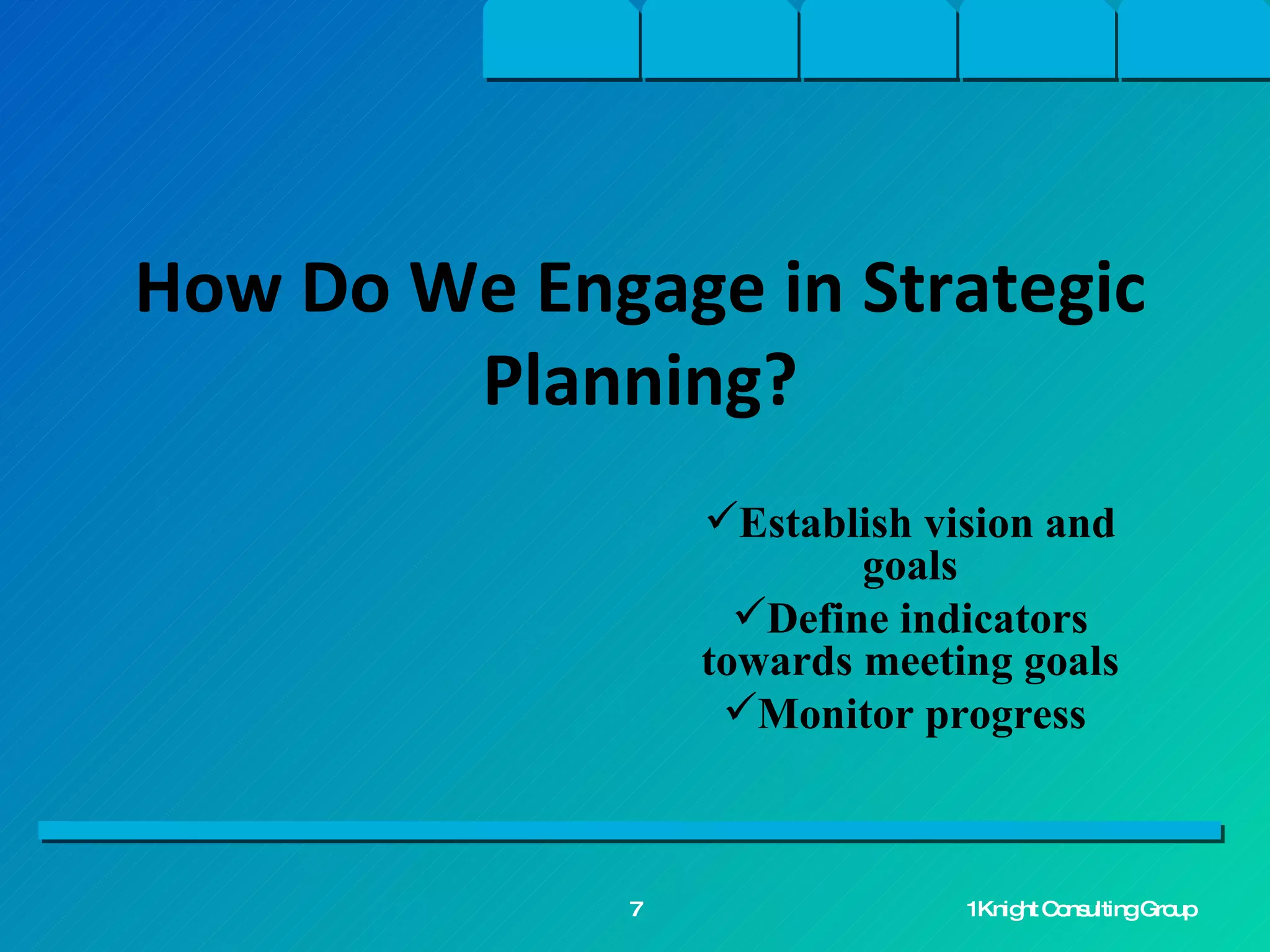 Establish vision and goals Define indicators towards meeting goals Monitor progress  How Do We Engage in Strategic Planning? 1Knight Consulting Group 