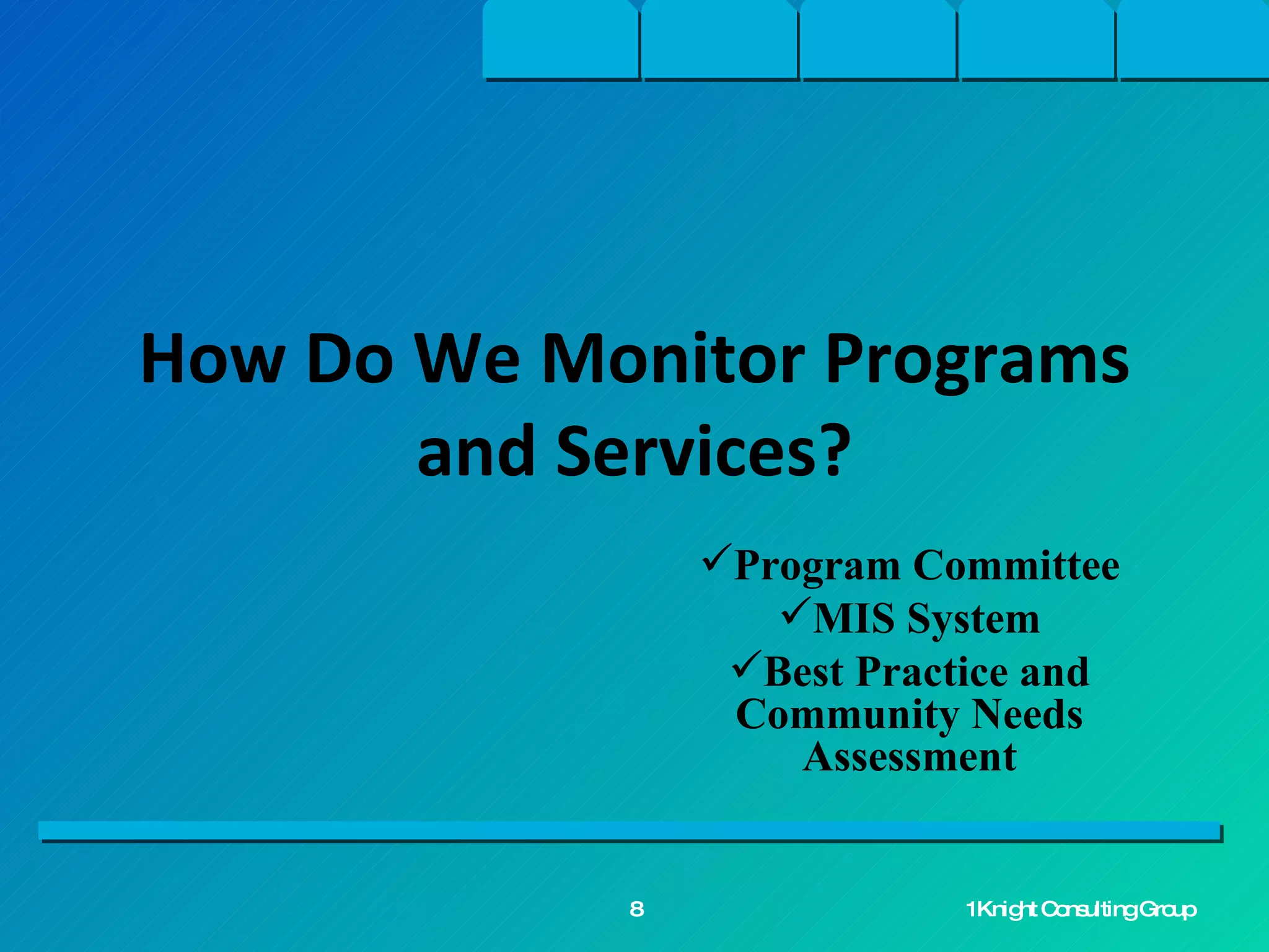 Program Committee MIS System Best Practice and Community Needs Assessment How Do We Monitor Programs and Services? 1Knight Consulting Group 