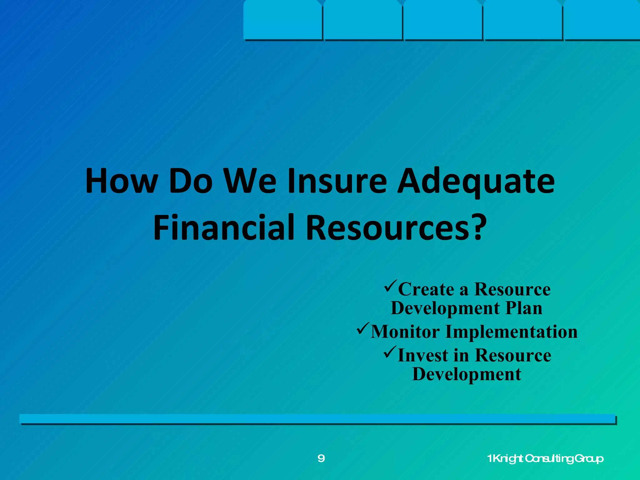 Create a Resource Development Plan Monitor Implementation Invest in Resource Development How Do We Insure Adequate Financial Resources? 1Knight Consulting Group 