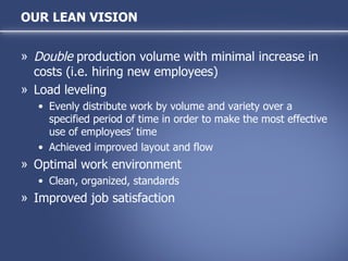 Double  production volume with minimal increase in costs (i.e. hiring new employees) Load leveling Evenly distribute work by volume and variety over a specified period of time in order to make the most effective use of employees’ time Achieved improved layout and flow Optimal work environment Clean, organized, standards Improved job satisfaction OUR LEAN VISION 