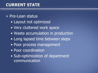 Pre-Lean status   Layout not optimized Very cluttered work space  Waste accumulation in production Long lapsed time between steps Poor process management Poor coordination Sub-optimization of department communication CURRENT STATE 