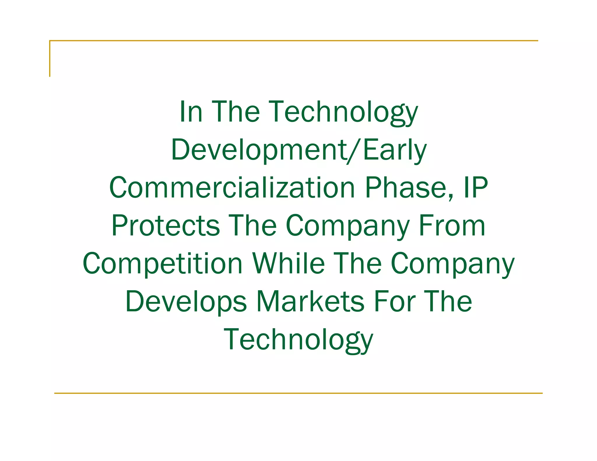 In The Technology
      Development/Early
  Commercialization Phase, IP
  Protects The Company From
Competition While The Company
   Develops Markets For The
           Technology
 
