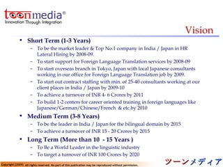 Vision Short Term (1-3 Years) To be the market leader & Top No.1 company in India / Japan in HR Lateral Hiring by 2008-09.  To start support for Foreign Language Translation services by 2008-09 To start overseas branch in Tokyo, Japan with local Japanese consultants  working in our office for Foreign Language Translation job by 2009. To start out contract staffing with min. of 25-40 consultants working at our client places in India / Japan by 2009-10 To achieve a turnover of INR 4- 6 Crores by 2011 To build 1-2 centers for career oriented training in foreign languages like Japanese/German/Chinese/French  & etc.by 2010 Medium Term (3-8 Years) To be the leader in India / Japan for the bilingual domain by 2015 To achieve a turnover of INR 15 - 20 Crores by 2015 Long Term (More than 10  - 15 Years ) To Be a World Leader in the linguistic industry To target a turnover of INR 100 Crores by 2020 