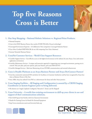 Top five Reasons
          Cross is Better
1. One Stop Shopping – National Holistic Solutions vs. Regional Point Products.
   • National Footprint
   • Cross is the ONLY Business Partner that touches EVERY PILLAR of Avaya’s technology!
   • Converged Environment Expertise – A Collaborative Non-competitive Converged Solutions Partner
   • Cisco Silver Certiﬁed PARTNER (We do not Sell competing Cisco Voice Solutions)
   • Extreme Networks Platinum Partner

2. CrossNet Customer Services – World Class Support Resources
   • CrossNet Support Services - Cost eﬀective access to the highest level resources in the industry for your Avaya, Cisco and custom
     application environment
   • CrossNet Maintenance Services - A unique and innovative approach to supporting your converged environment, putting you in
     control! Pick your plan, pick your options, pick your features, pick your DISCOUNT!
   • CrossNet Managed Services - Real-time Monitoring of your ENTIRE communications and network infrastructure

3. Cross is Double Platinum as an Avaya Business Partner and Avaya DevConnect Partner!
   • Cross has consistently maintained 94% and above for Excellence in Customer Satisfaction and has been recognized by Avaya four
     times as Business Partner of the Year
   • Since 2000, Avaya has utilized Cross PSO as a subcontractor for Avaya and other Avaya partners

4. Cross Staging Facilities – All Staging and Conﬁguration is assured by a CROSS Staging
   Coordinator or System Engineer prior to being delivered.
   • All solutions are: Staged, Updated, Conﬁgured, ‘Burned-in”, Tested, and the Shipped!

5. Cross University – A world class training environment to skill up your clients in use and
   support of their communications solutions.
   • New 82,00 Square Foot Facility with Live Classroom Environment
   • Hands-On Training Center & Hands On Demand Equipment
   • http://www.crosstelecom.com/crossUniversity/index.asp




                                                                                         Our Experience. Your Advantage.
 
