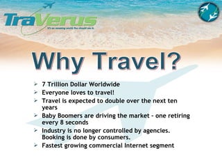 Why Travel? 7 Trillion Dollar Worldwide Everyone loves to travel! Travel is expected to double over the next ten years Baby Boomers are driving the market – one retiring every 8 seconds Industry is no longer controlled by agencies. Booking is done by consumers. Fastest growing commercial Internet segment 
