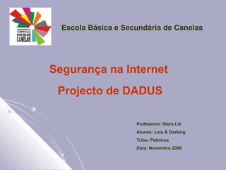 Segurança na Internet Projecto de DADUS Escola Básica e Secundária de Canelas   Professora: Stora Lili Alunos: Lola & Darking Tribo: Patinhos Data: Novembro 2008 