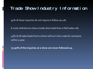 Trade Show Industry Information 54% of show inquiries do not require a follow up call.   It costs 70% less to close a trade show lead than a field sales call,   45% of all sales leads from a show will turn into a sale for someone  within a year.   75-90% of the inquiries at a show are never followed up. 