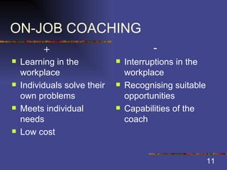 ON-JOB COACHING Learning in the workplace Individuals solve their own problems Meets individual needs Low cost Interruptions in the workplace Recognising suitable opportunities Capabilities of the coach + - 