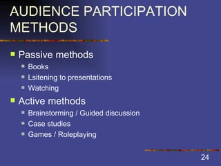 AUDIENCE PARTICIPATION METHODS Passive methods Books Lsitening to presentations Watching Active methods Brainstorming / Guided discussion Case studies Games / Roleplaying 