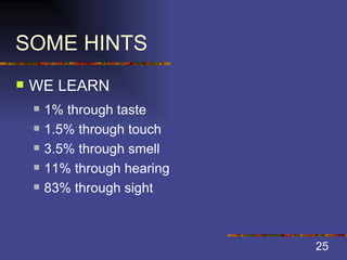 SOME HINTS WE LEARN 1% through taste 1.5% through touch 3.5% through smell 11% through hearing 83% through sight 