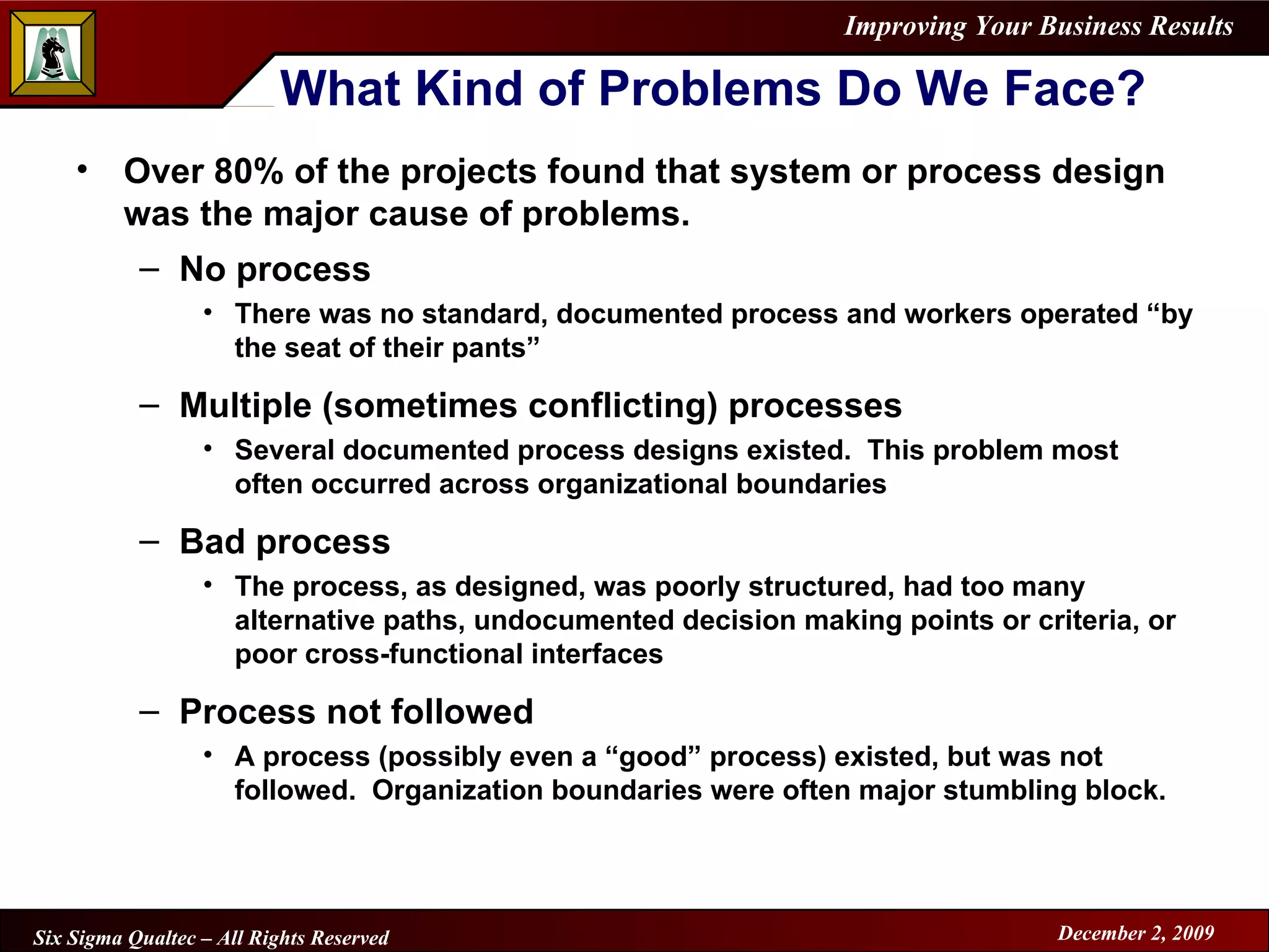 What Kind of Problems Do We Face? Over 80% of the projects found that system or process design was the major cause of problems. No process There was no standard, documented process and workers operated “by the seat of their pants” Multiple (sometimes conflicting) processes Several documented process designs existed.  This problem most often occurred across organizational boundaries Bad process The process, as designed, was poorly structured, had too many alternative paths, undocumented decision making points or criteria, or poor cross-functional interfaces Process not followed A process (possibly even a “good” process) existed, but was not followed.  Organization boundaries were often major stumbling block. 