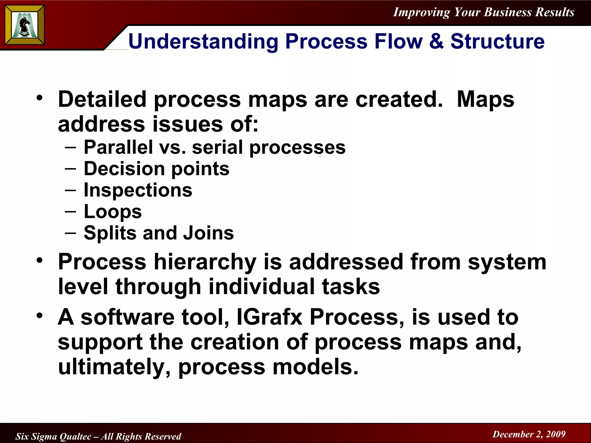 Understanding Process Flow & Structure Detailed process maps are created.  Maps address issues of: Parallel vs. serial processes Decision points Inspections Loops Splits and Joins Process hierarchy is addressed from system level through individual tasks A software tool, IGrafx Process, is used to support the creation of process maps and, ultimately, process models. 