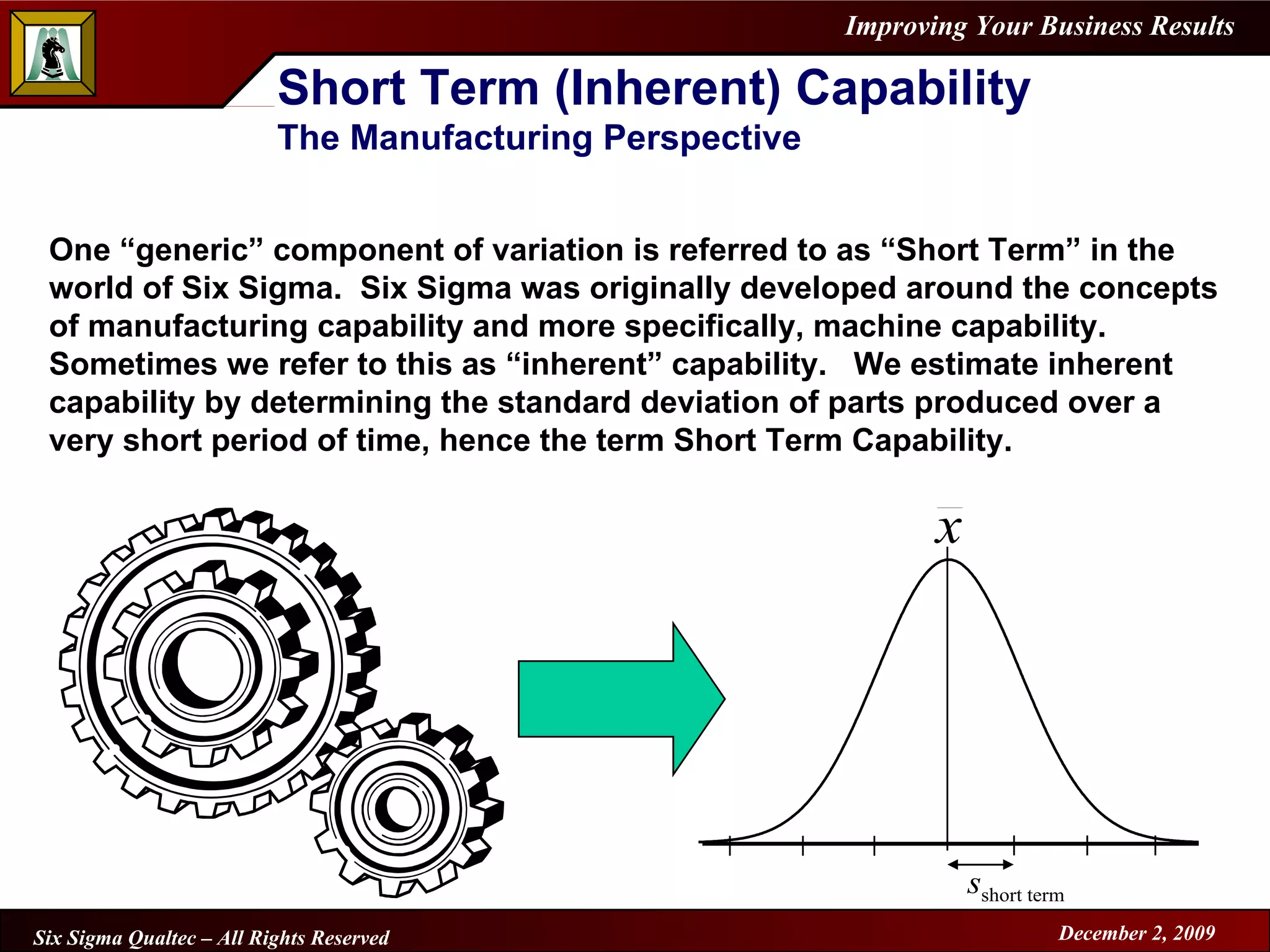 Short Term (Inherent) Capability The Manufacturing Perspective One “generic” component of variation is referred to as “Short Term” in the world of Six Sigma.  Six Sigma was originally developed around the concepts of manufacturing capability and more specifically, machine capability.  Sometimes we refer to this as “inherent” capability.  We estimate inherent capability by determining the standard deviation of parts produced over a very short period of time, hence the term Short Term Capability. 