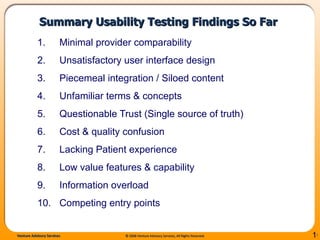 Minimal provider comparability Unsatisfactory user interface design  Piecemeal integration / Siloed content Unfamiliar terms & concepts  Questionable Trust (Single source of truth)  Cost & quality confusion  Lacking Patient experience  Low value features & capability  Information overload  Competing entry points  Summary Usability Testing Findings So Far 