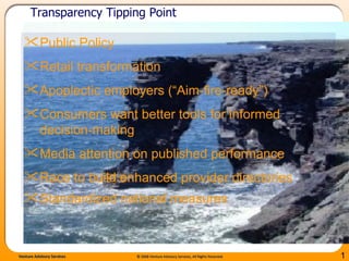 Transparency Tipping Point Public Policy Retail transformation Apoplectic employers (“Aim-fire-ready”) Consumers want better tools for informed decision-making  Media attention on published performance Race to build enhanced provider directories  Standardized national measures   