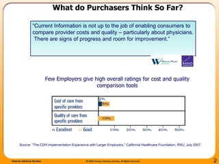 What do Purchasers Think So Far? “ Current Information is not up to the job of enabling consumers to compare provider costs and quality – particularly about physicians.  There are signs of progress and room for improvement.” Source: “The CDH Implementation Experience with Larger Employers,” California Healthcare Foundation, RWJ, July 2007 Few Employers give high overall ratings for cost and quality comparison tools 