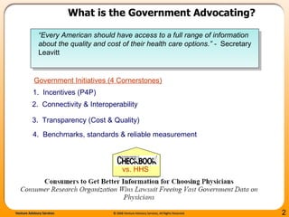 What is the Government Advocating? “ Every American should have access to a full range of information about the quality and cost of their health care options.” -  Secretary Leavitt 2.  Connectivity & Interoperability 1.  Incentives (P4P)  4.  Benchmarks, standards & reliable measurement 3.  Transparency (Cost & Quality) Government Initiatives (4 Cornerstones) vs. HHS   
