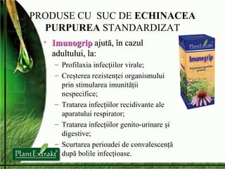 PRODUSE CU  SUC DE  ECHINACEA PURPUREA  STANDARDIZAT Imunogrip  ajută, în cazul adultului, la: Profilaxia infecţiilor virale; Creşterea rezistenţei organis mului prin stimularea imunităţii nespecifice; T rata rea  infecţiilor recidivante ale aparatului respirator; Tratarea infecţiilor genito-urinare şi digestive ;  Scurtarea  perioad ei  de convalescenţă după bolile infec ţioase. 