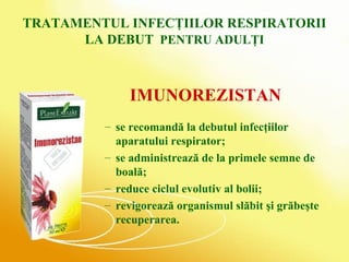 TRATAMENTUL INFECŢIILOR RESPIRATORII LA DEBUT   PENTRU ADULŢI IMUNOREZISTAN  se recomandă la debutul infecţiilor aparatului respirator; se administrează de la primele semne de boală; reduce ciclul evolutiv al bolii; revigorează organismul slăbit şi grăbeşte recuperarea. 