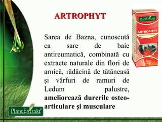 ARTROPHYT  Sarea de Bazna , cunoscută ca sare de baie antireumatică, combinată cu extracte naturale din flori de arnică, rădăcină de tătăneasă şi vârfuri de ramuri de Ledum palustre,  ameliorează durerile osteo-articulare şi musculare 