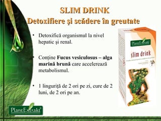 SLIM DRINK Detoxifiere şi scădere în greutate   Detoxifică organismul la nivel hepatic şi renal. Conţine  Fucus vesiculosus – alga marină brună  care accelerează metabolismul. 1 linguriţă de 2 ori pe zi, cure de 2 luni, de 2 ori pe an. 