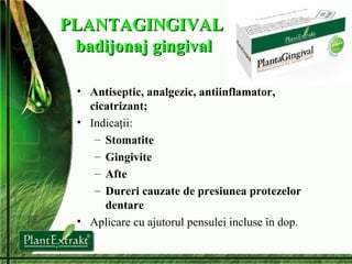 PLANTAGINGIVAL  badijonaj gingival Antiseptic , a nal g ezic , a ntiinflamator , c icatrizant; Indicaţii: Stomatite Gingivite Afte Dureri cauzate de presiunea protezelor dentare Aplicare cu ajutorul pensulei incluse în dop. 
