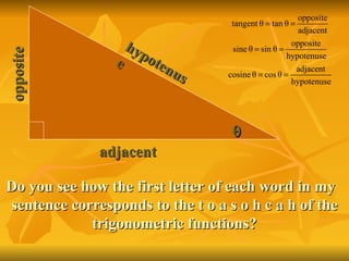 Do you see how the first letter of each word in my  sentence corresponds to the t o a s o h c a h of the trigonometric functions? adjacent  hypotenuse opposite 