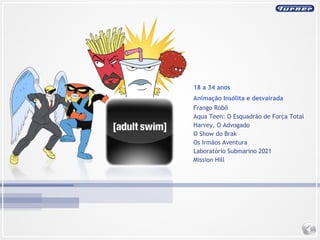 Animação Insólita e desvairada 18 a 34 anos Frango Robô Aqua Teen: O Esquadrão de Força Total Harvey, O Advogado O Show do Brak Os Irmãos Aventura Laboratório Submarino 2021 Mission Hill 