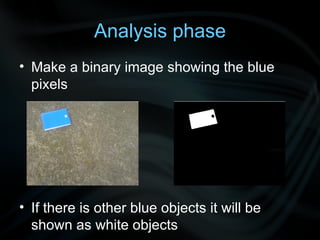 Analysis phase Make a binary image showing the blue pixels If there is other blue objects it will be shown as white objects 